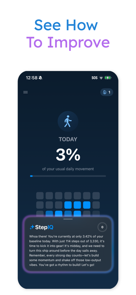 Step Counter Move App: Step AI - Step AI app interface showing a 3 percent daily movement progress and a StepIQ personalized motivational message.