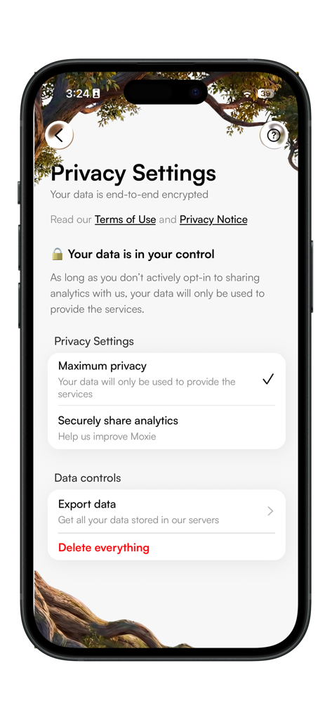 Moxie Robot App privacy settings screen displaying data encryption and user control options