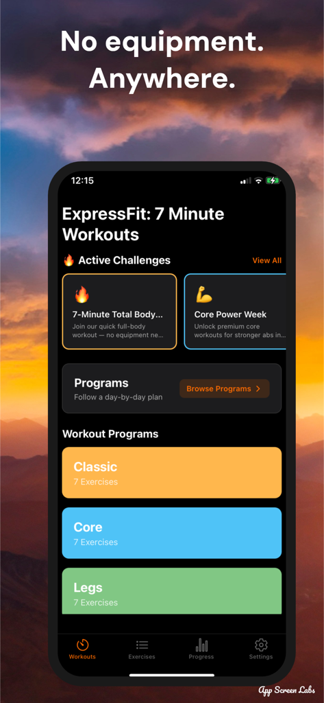 7-Minute Workout by ExpressFit - Interfaz de la aplicación ExpressFit que muestra programas de entrenamiento de 7 minutos y desafíos activos.