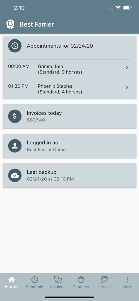 Best Farrier - Best Farrier app home screen showing daily schedule and invoice summary.