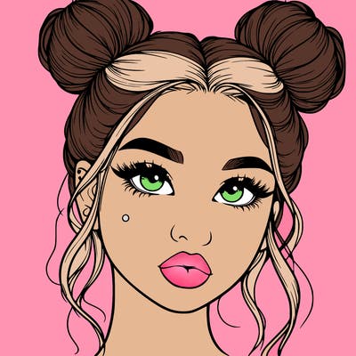 realistic girl with two buns on her hair and lips