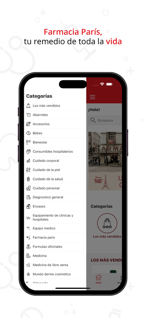 Interface de l'application mobile Farmacia Paris montrant un menu latéral avec des catégories de produits telles que médicaments, soins personnels et produits pour bébés