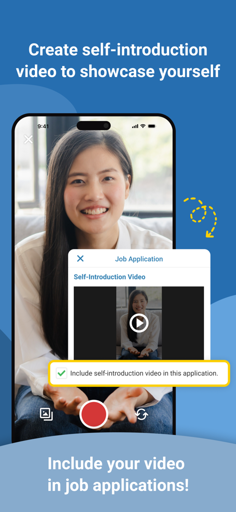 Interface of CTgoodjobs app showing the self-introduction video recording and application attachment feature.