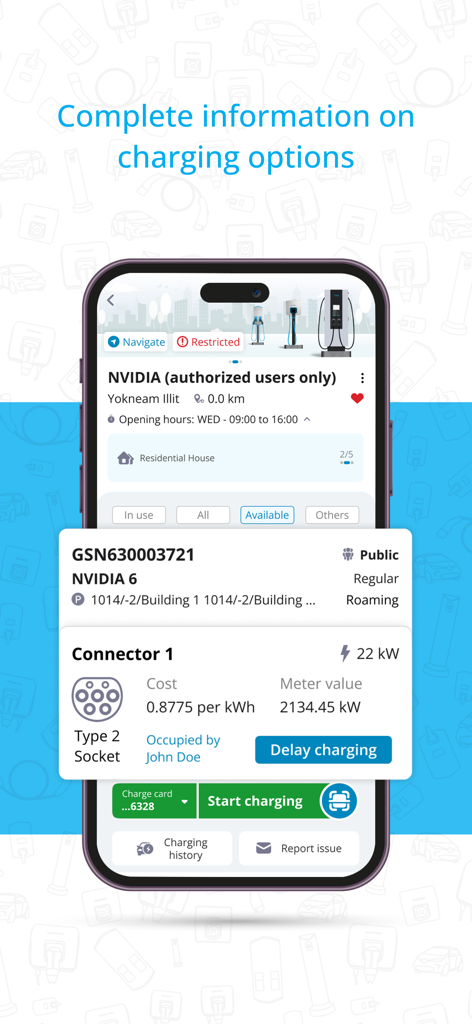 Screenshot of the Gnrgy Go app displaying detailed electric vehicle charging station information including connector type, cost per kilowatt hour, and station availability.
