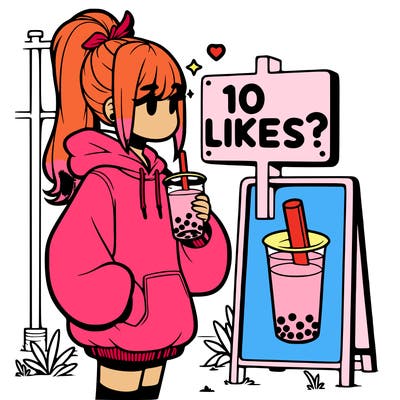 girl with oversized hoodie drinking boba and she has a high ponytail with a sign that says 10likes?