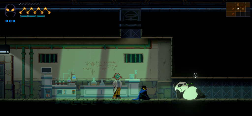 Captura de pantalla de jugabilidad de HAAK que presenta un laboratorio de pixel art con un científico y un gran panda brillante