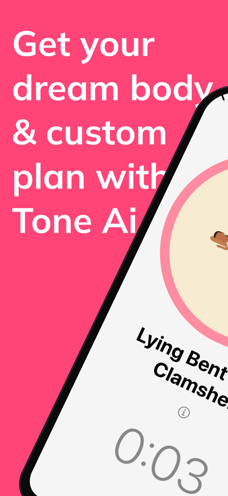 Tone AI app interface showing a custom pilates workout plan and exercise timer on a pink background