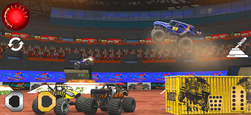 Monster Truck 4x4 Mania Racing - Un monster truck azul realizando un salto alto en una arena de estadio durante una carrera.