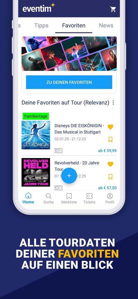 EVENTIM DE: Tickets for Events - EVENTIM DEアプリに、お気に入りのアーティストとドイツでの今後のツアー日程のパーソナライズされたリストが表示されています。