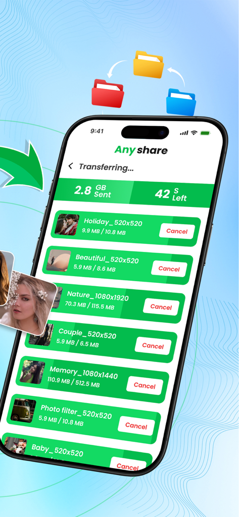 AnyShare app interface showing bulk transfer of photos and videos with progress details and time remaining
