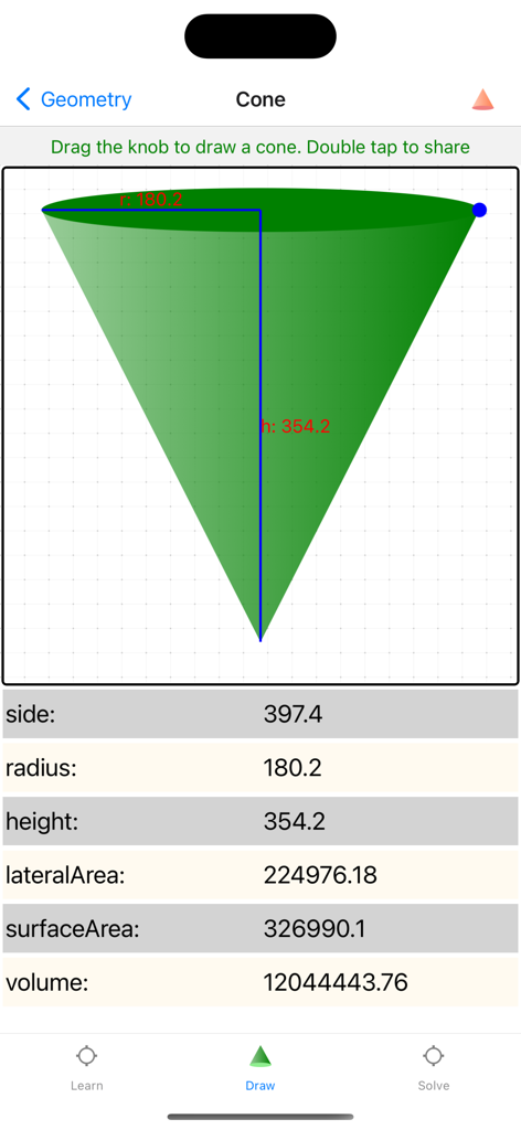 Geometry-Solver Pro - Screenshot of Geometry-Solver Pro showing an interactive green cone with volume and surface area calculations
