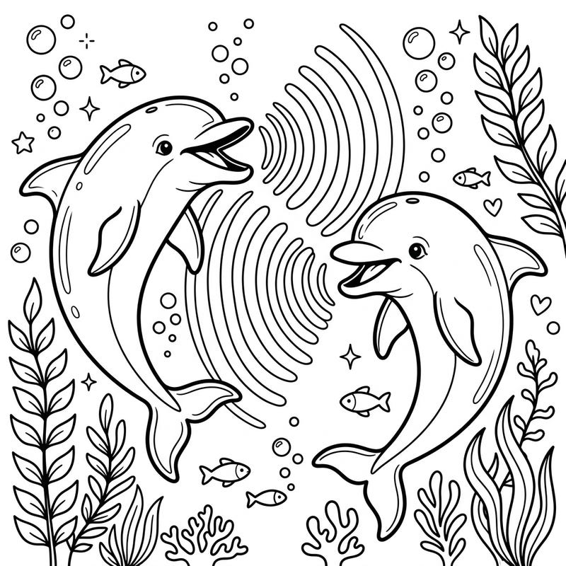 Discover the fascinating world of dolphin communication with this delightful coloring page. Bring to life two playful dolphins and their vibrant underwater habitat.