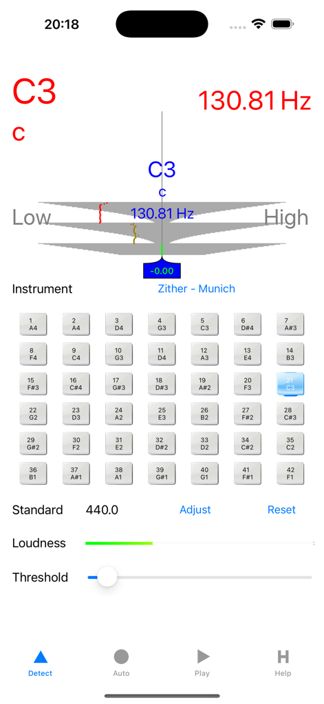 Zither Tuner - Pantalla de la aplicación Afinador de Cítara que muestra la frecuencia de detección de tono y la cuadrícula de selección de cuerdas