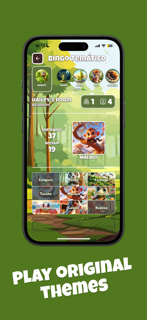 Themed Bingo - Juego de bingo con tema de animales y tarjeta de nueve personajes.