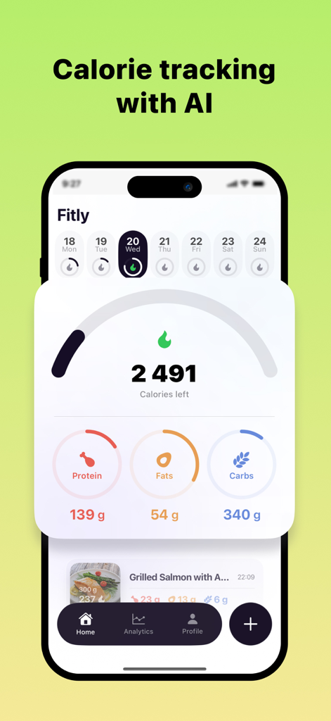 Fitly - Nutrition Planning - Un panel móvil que muestra las calorías restantes diarias y el desglose de macronutrientes de proteínas, grasas y carbohidratos