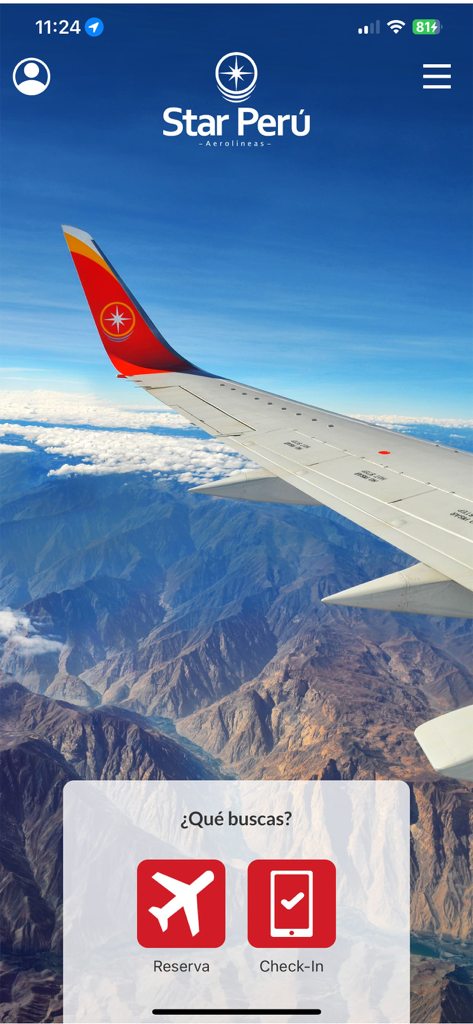 항공권 예약 및 체크인 버튼이 있는 Star Peru 앱 홈 화면