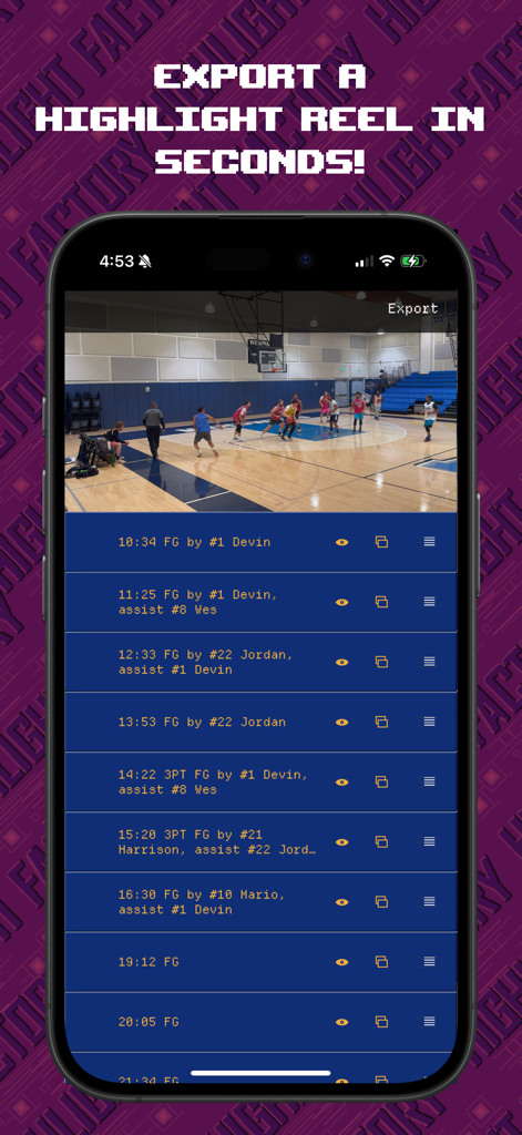 Highlight Factory - Mobile app interface showing a basketball game video and a list of AI generated highlights ready for export