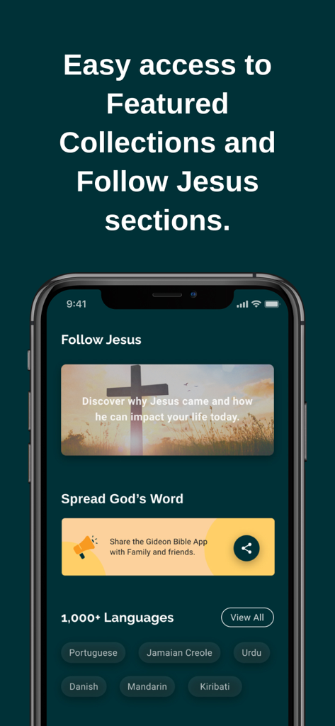 Interface de l'application Bible Gédéon montrant la section Suivre Jésus et les options de langue.