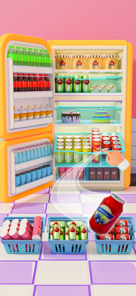A 3D mobile game screen showing a person organizing various groceries and drinks into a colorful refrigerator