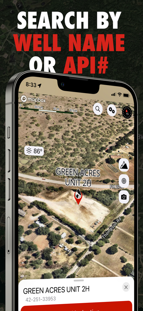 유정 이름 또는 API 번호 검색 기능이 있는 Green Acres Unit 2H의 위성 지도 위치를 보여주는 OilTrails 앱 화면
