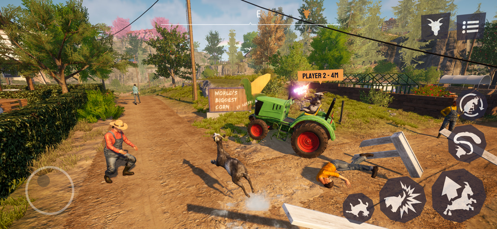 Goat Simulator 3 - A goat jumping near another goat driving a green tractor in Goat Simulator 3 mobile gameplay.