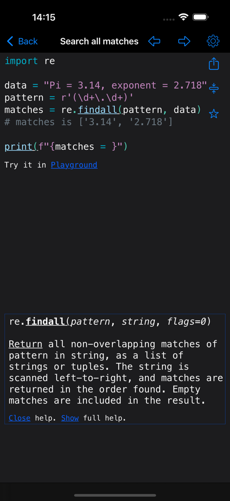 Fragmento de código Python que muestra la función re findall con documentación para la coincidencia de patrones regex.