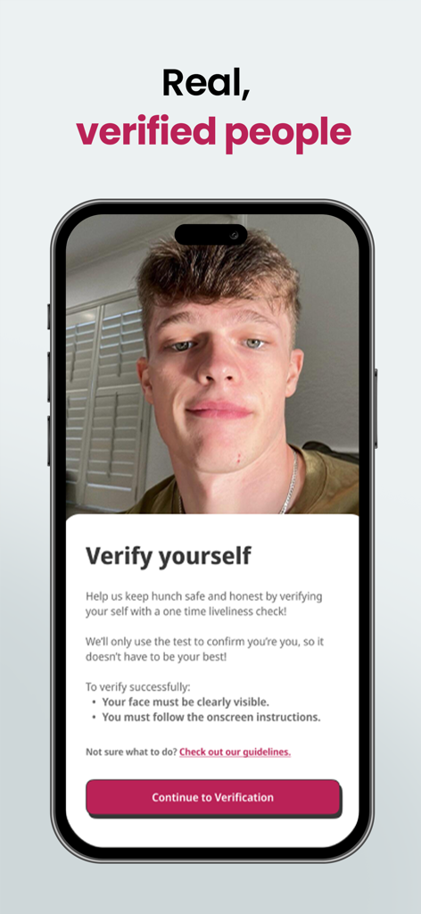 A smartphone screen showing the Hunch dating app profile verification process to ensure real and authentic users.