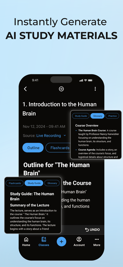 The QuickTakes app interface showing AI generated study guides and summaries for a university lecture