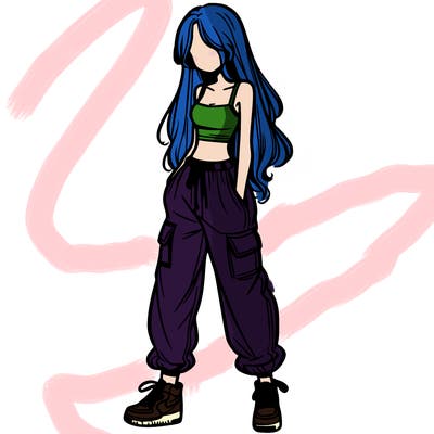 girl in baggy pants crop top and long hair
