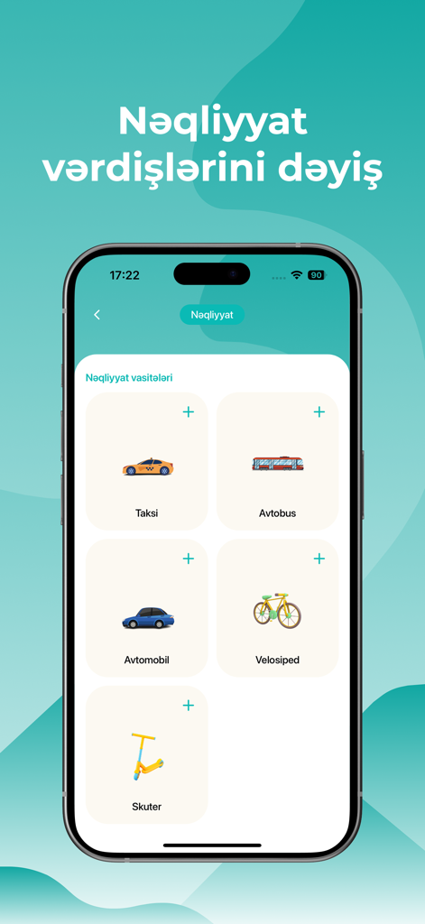 Ecotracker - Interfaz de la aplicación Ecotracker que muestra opciones de transporte que incluyen autobús, bicicleta y patinete para el seguimiento de hábitos de viaje sostenibles.