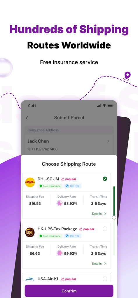 Mulebuy app interface for selecting international shipping routes with delivery fees and transit times