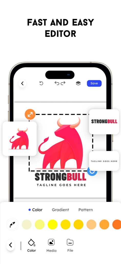 Logo Maker & Generator - Una pantalla de teléfono móvil que muestra la interfaz de edición rápida y fácil con un logo de toro rosa y herramientas de selección de color.