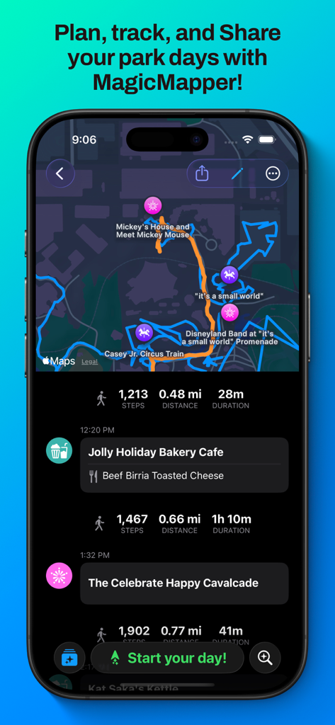 MagicMapper for Disneyland - Interfaz de MagicMapper mostrando un mapa de Disneyland con una ruta rastreada y una línea de tiempo de pasos y actividades