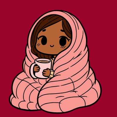 girl wrapped in a huge blanket, holding a cup.
