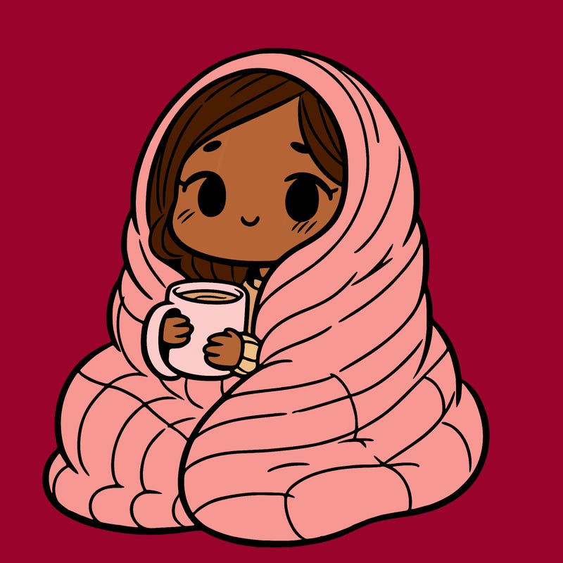 girl wrapped in a huge blanket, holding a cup.