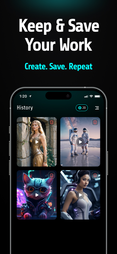 AI Text to VidEO Generator・Q3 - Una interfaz de aplicación móvil que muestra una galería de proyectos de vídeo guardados generados por IA, incluyendo estilos cinematográficos y animados