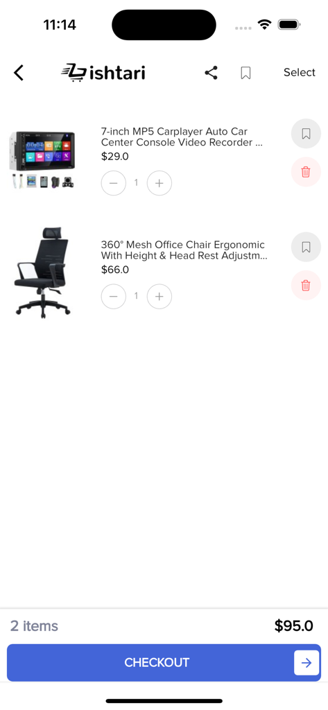 Ishtari mobile app shopping cart screen showing selected items and a checkout button
