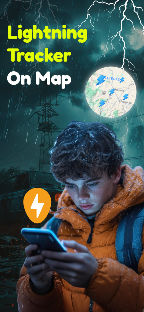 Lightning Tracker with Alerts - 嵐の中、地図上で雷の落雷を追跡するためにスマートフォンを使用している人