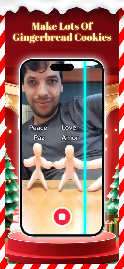 A man using the Time Warp Scan blue line filter to create a viral gingerbread cookie effect in a festive Christmas themed interface.