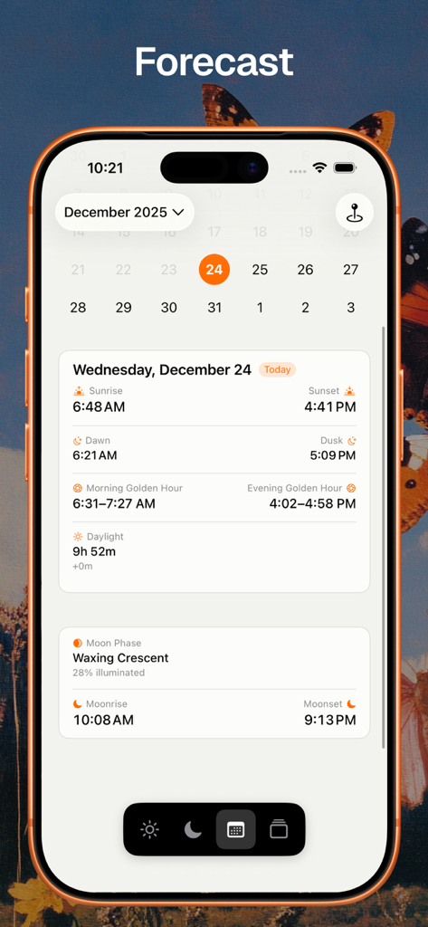 Solar Arc: Sun and Moon Widget - Interfaz de la aplicación Solar Arc que muestra el pronóstico del sol y la luna, incluidos los horarios de la hora dorada, el amanecer y el atardecer en un iPhone