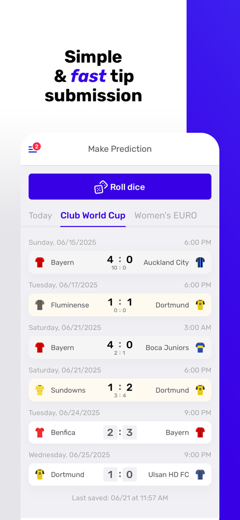Teamtip - Your Predictor Game - Teamtip mobile app interface showing quick sports match predictions and a roll dice feature