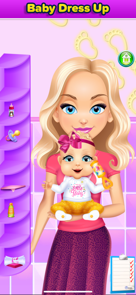 Mommy's New Baby Girl Game - A cartoon blonde mother holding her baby girl in a baby dress up level of a mobile game