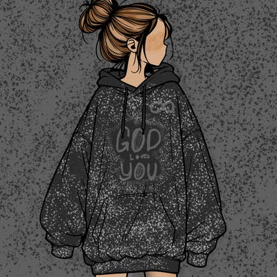 realistic girl with a oversized sweatshirt on and a bun