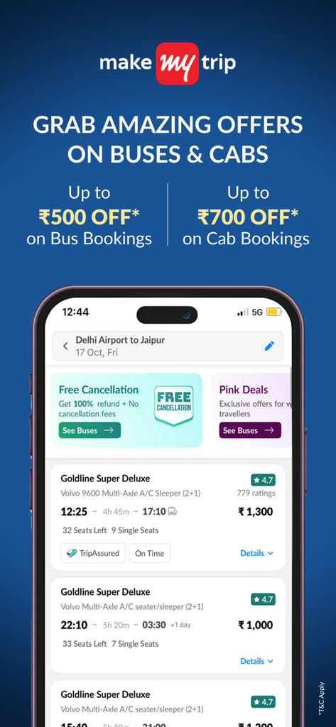 Tela do aplicativo MakeMyTrip mostrando resultados de busca de ônibus de Delhi para Jaipur e ofertas de desconto para reservas de ônibus e táxis.