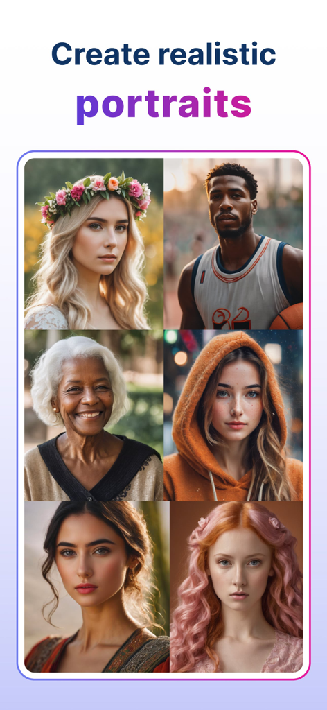 A grid of six diverse AI generated realistic portraits showing the creative capabilities of Gencraft