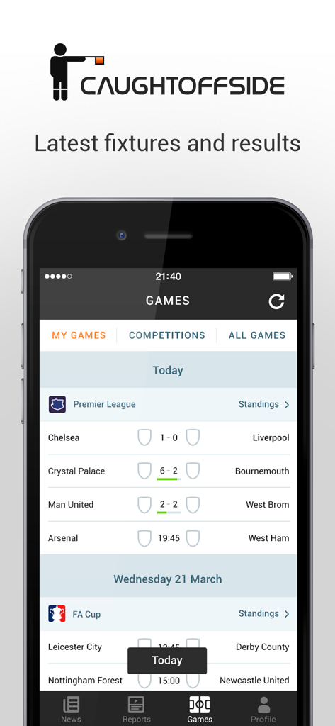 Caught Offside - CaughtOffside mobile app interface displaying latest Premier League soccer fixtures and match results