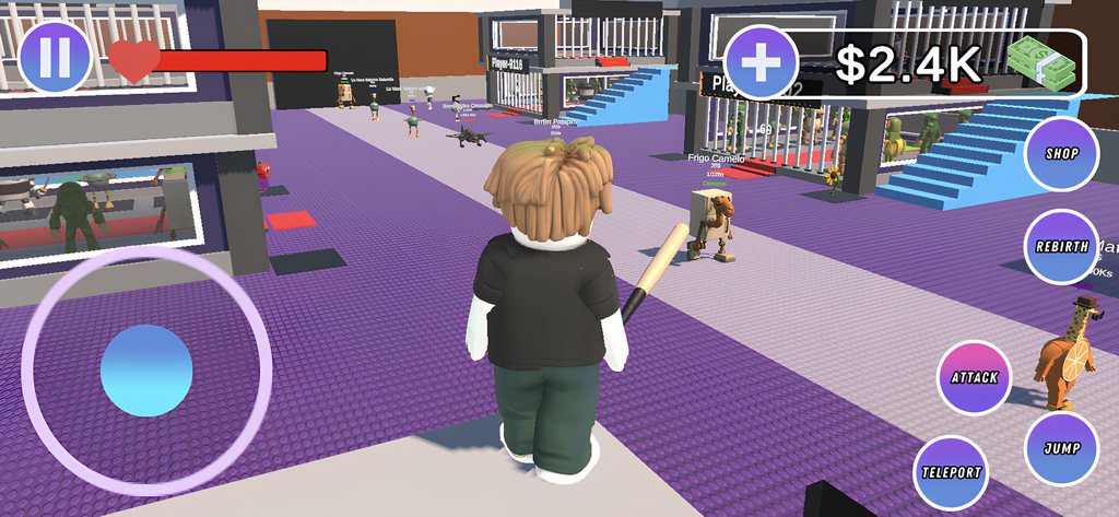 Third person gameplay view of a blocky character with a baseball bat in Steal a Brainrot Roblox