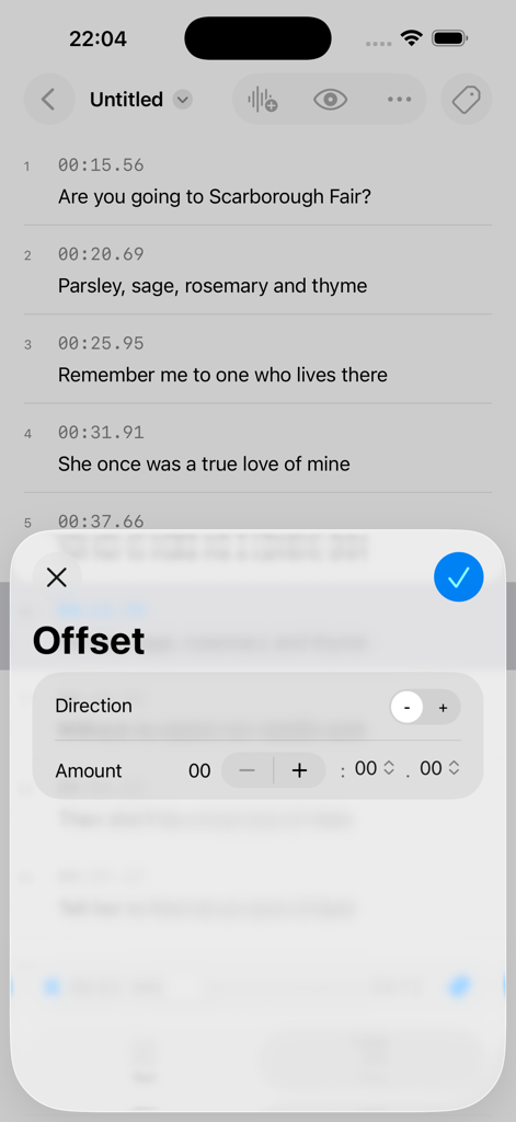 Interface of the LRC Maker for Lyrics app showing the offset tool to batch adjust lyric timestamps