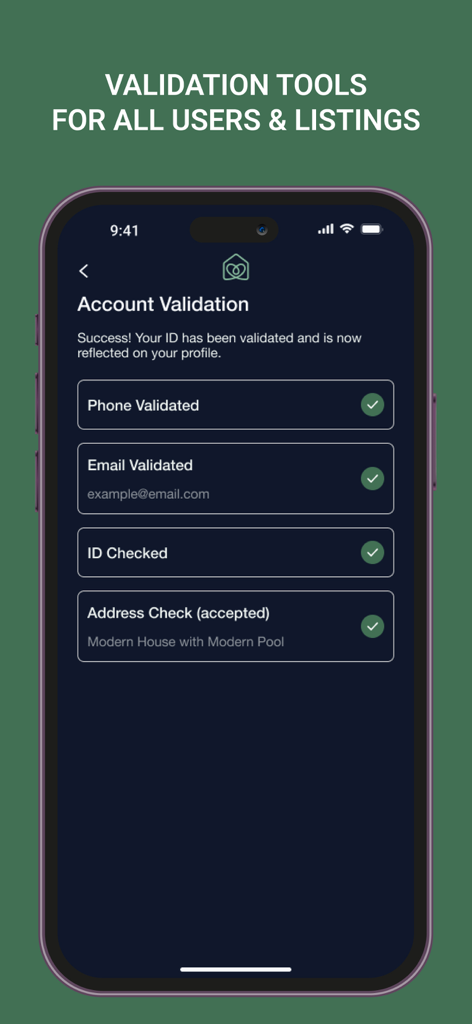 Interface da aplicação Roomster mostrando o estado de validação da conta para verificações de telefone, e-mail, ID e endereço com vistos verdes.
