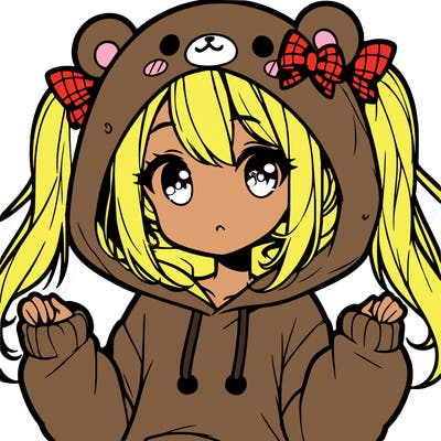 cute anime girl with ponytails and a cute bear hoodie